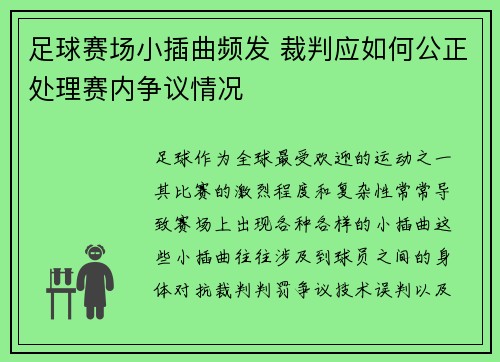 足球赛场小插曲频发 裁判应如何公正处理赛内争议情况