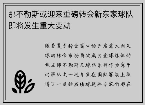 那不勒斯或迎来重磅转会新东家球队即将发生重大变动