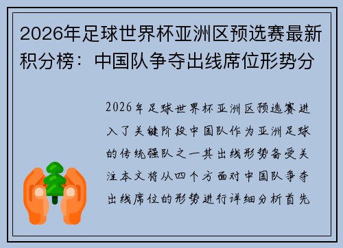 2026年足球世界杯亚洲区预选赛最新积分榜：中国队争夺出线席位形势分析