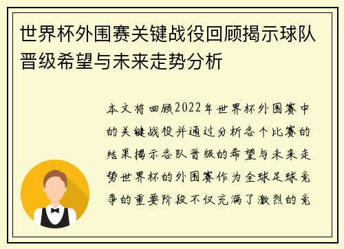 世界杯外围赛关键战役回顾揭示球队晋级希望与未来走势分析
