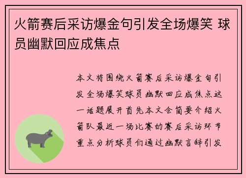 火箭赛后采访爆金句引发全场爆笑 球员幽默回应成焦点