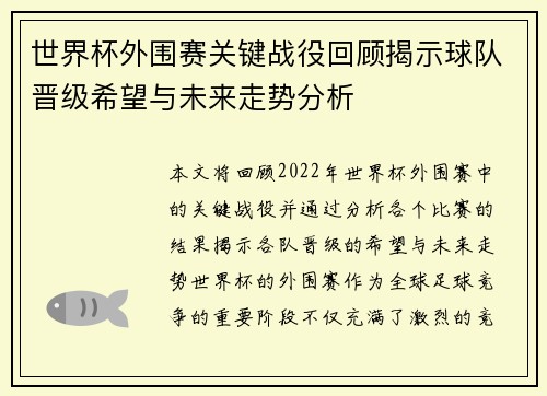 世界杯外围赛关键战役回顾揭示球队晋级希望与未来走势分析