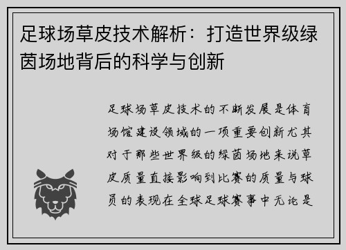 足球场草皮技术解析：打造世界级绿茵场地背后的科学与创新
